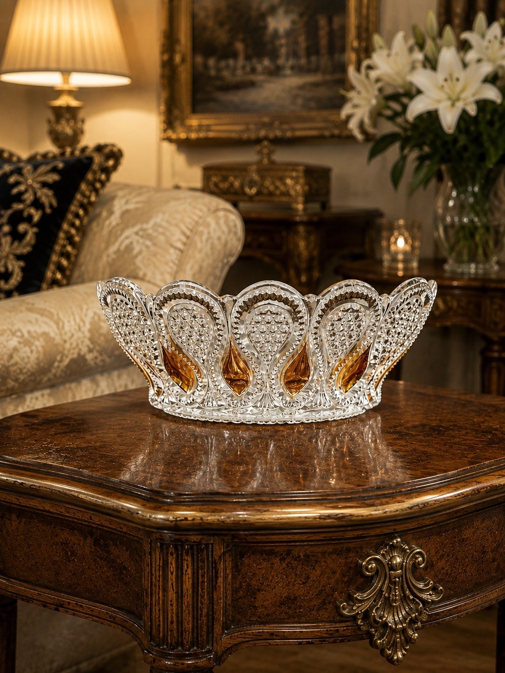 Vintage 50s HOLLYWOOD REGENCY BRILLANT GOLD TEAR DROP  CRYSTAL OVAL BOWL